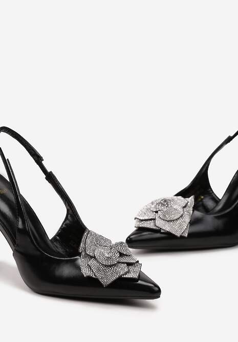 Czarne Sandały z Aplikacją Kwiatka z Cyrkoniami i z Geometryczną Szpilką Anabra