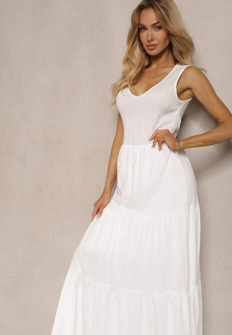 Biała Rozkloszowana Sukienka Maxi z Bawełnianej Tkaniny Galaise
