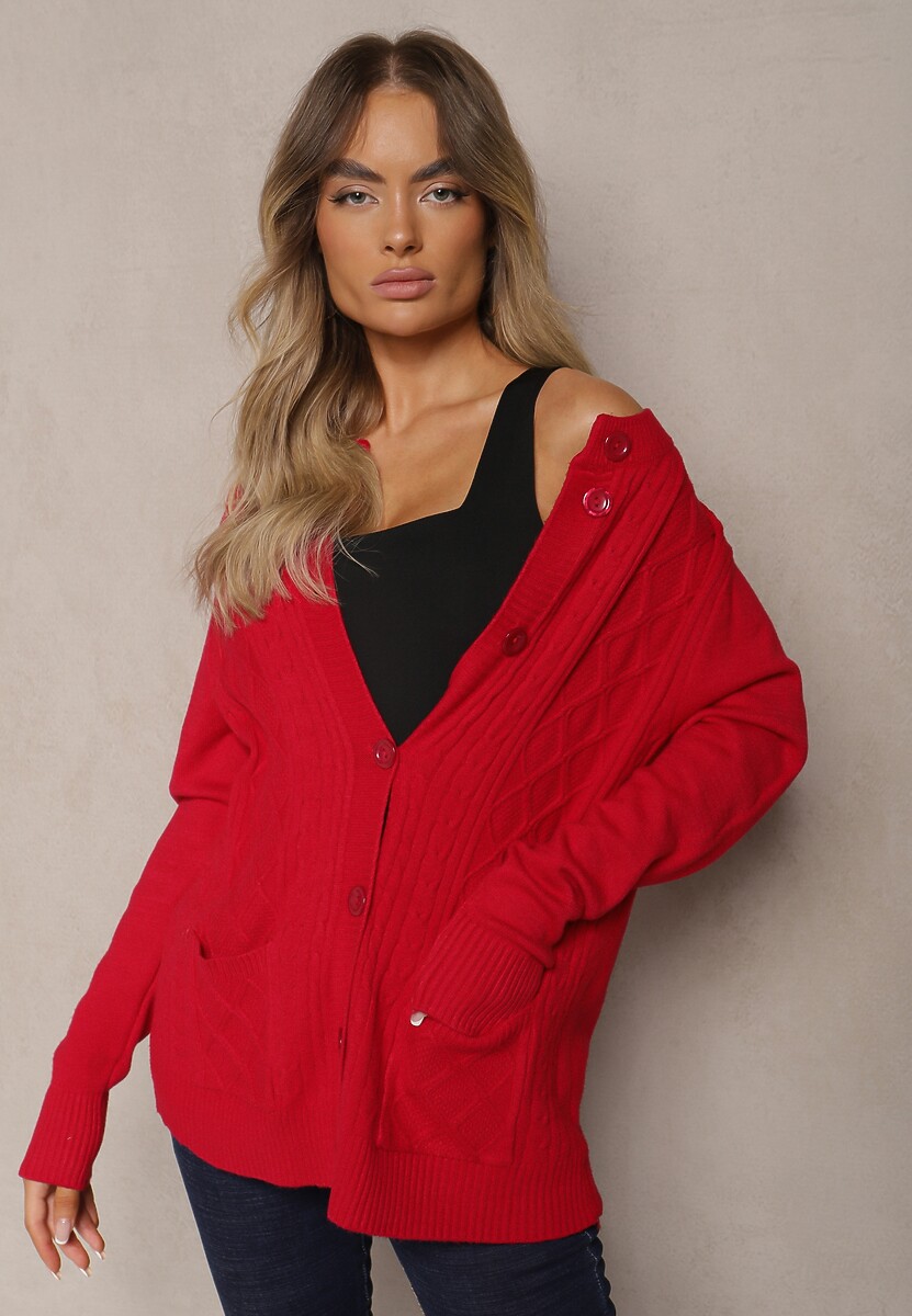 Bordowy Casualowy Kardigan z Bawełną z Kieszonkami Ozdobiony Tłoczeniem Mevanille