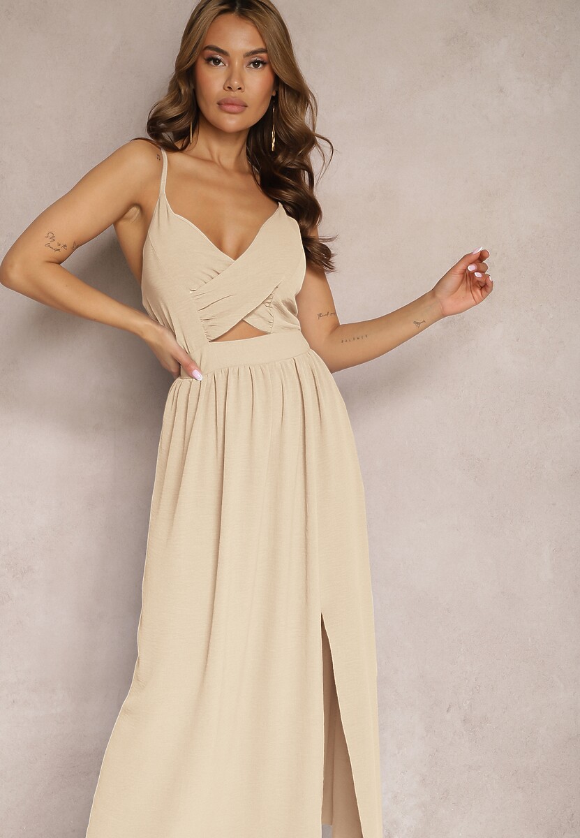 Zielona Sukienka z Wycięciami na Ramiączkach z Wycięciami i Gumką w Talii Lomiara