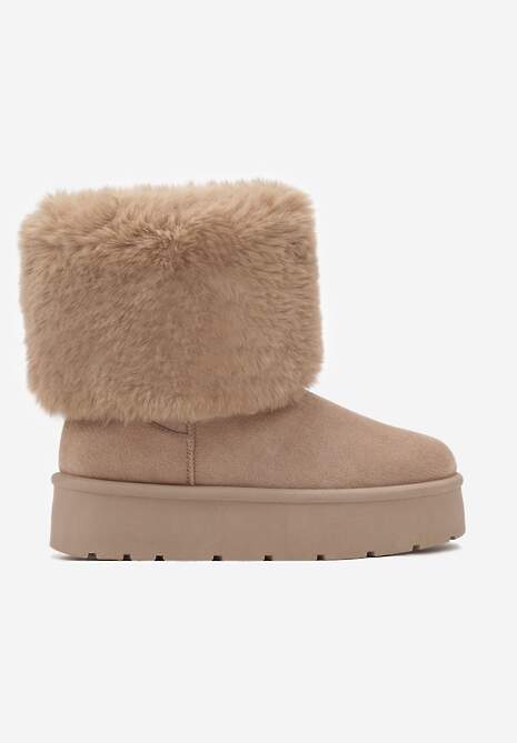 Ciemnobeżowe Śniegowce na Grubej Podeszwie Ozdobione Futerkiem Naolani