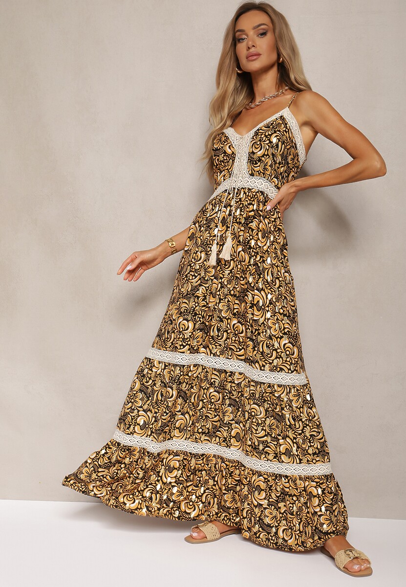 Czarno-Żółta Bawełniana Sukienka na Ramiączkach Ozdobiona Haftem z Gumką w Talii Nretta