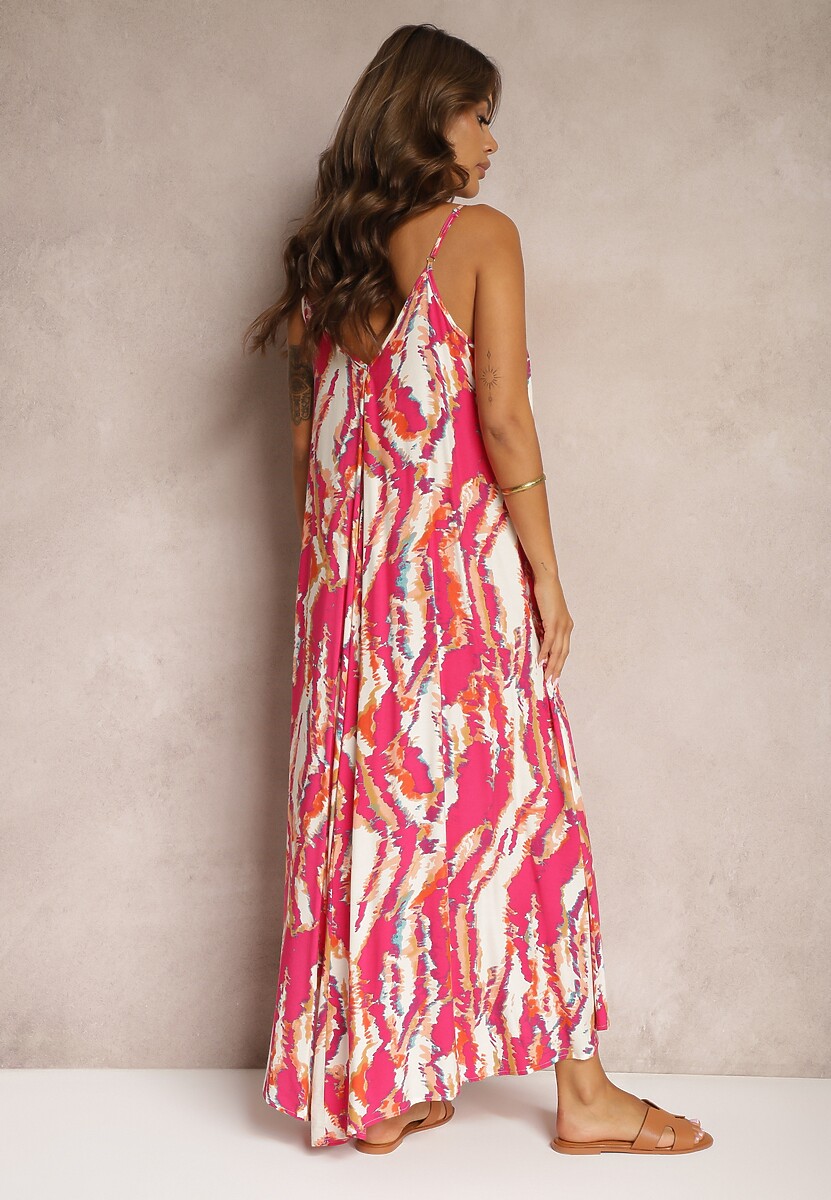 Ciemnoróżowa Wiskozowa Sukienka o Rozkloszowanym Kroju na Ramiączkach Risaletti