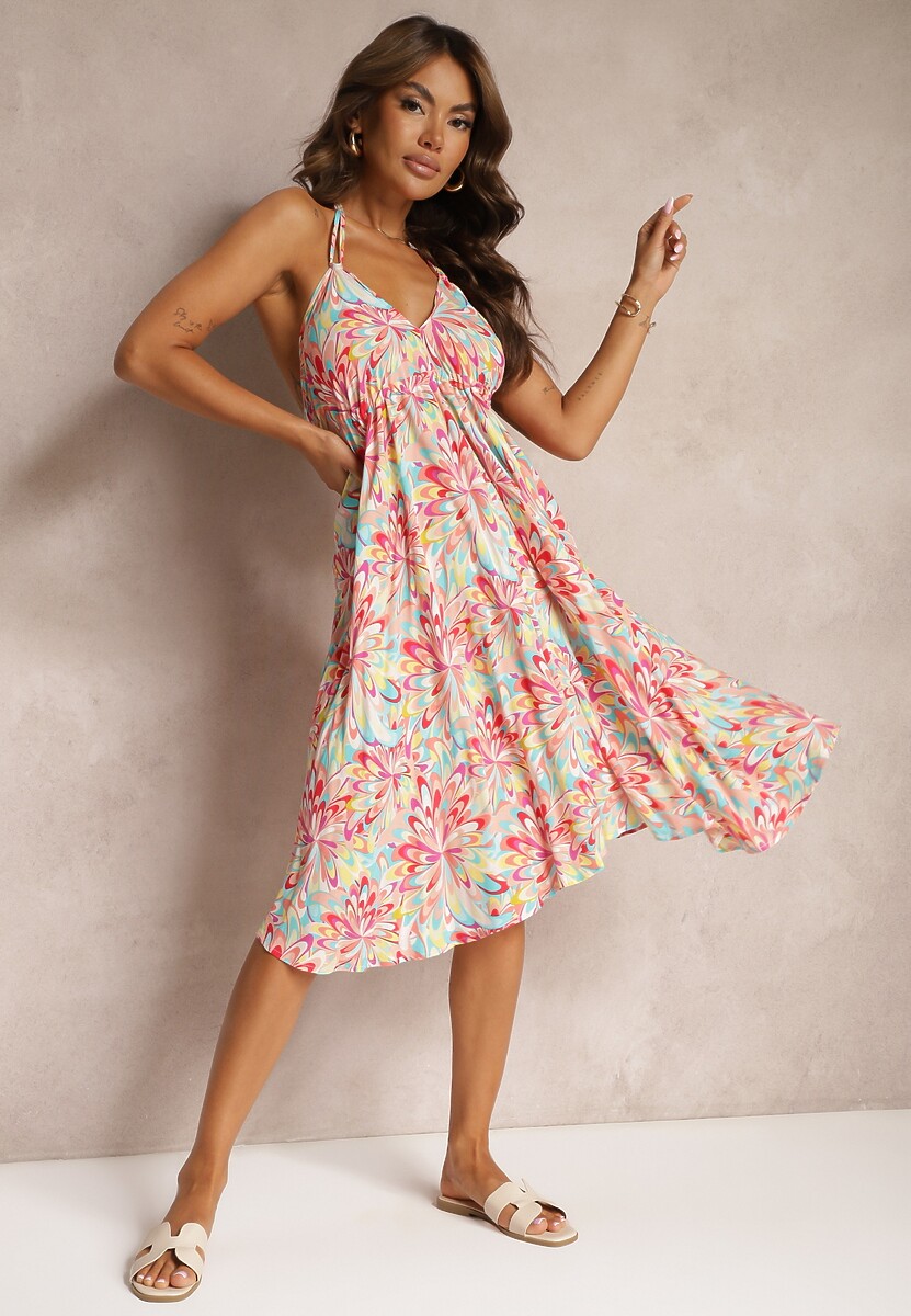 Niebieska Wiązana Sukienka z Bawełny o Rozkloszowanym Kroju Risaltis