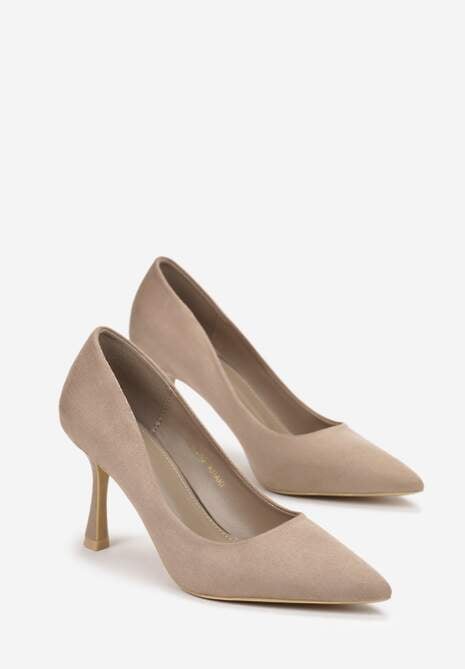 Ciemnobeżowe Szpilki ze Szpiczastym Noskiem z Imitacji Zamszu Remeva