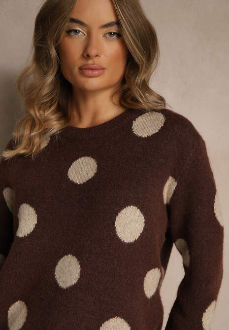 Brązowy Sweter z Wełną o Prostym Kroju w Grochy Fenilevia