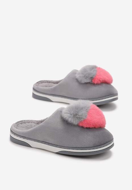 Szare Kapcie z Pomponem w Kształcie Serduszka z Futerka Rafima