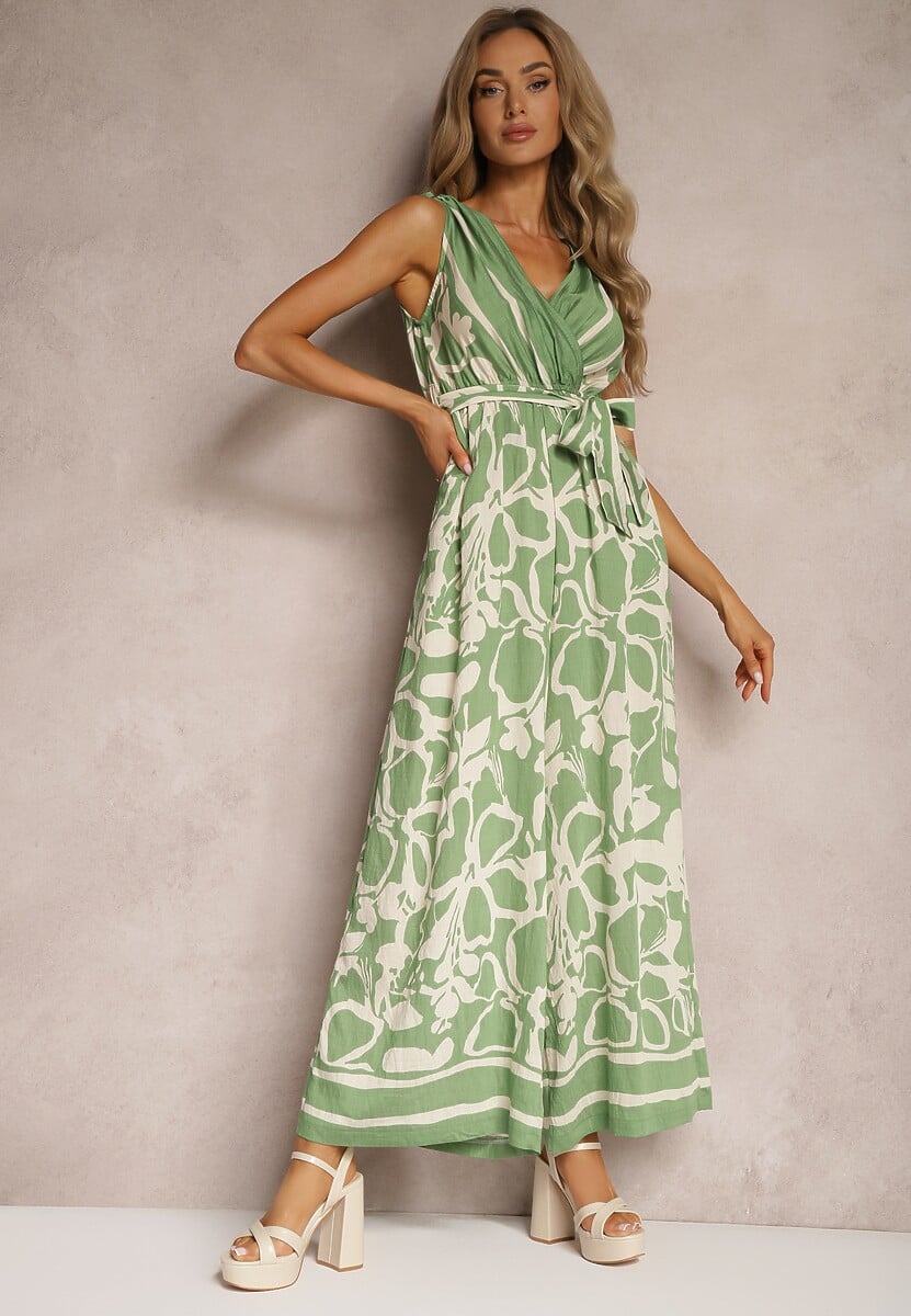 Zielony Kombinezon z Dodatkiem Wiskozy Paskiem w Talii i Kopertowym Dekoltem Paratia