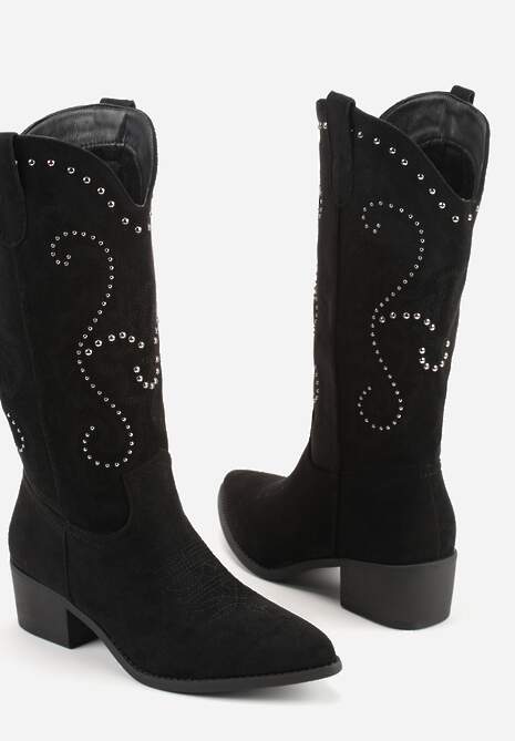 Czarne Kozaki Kowbojki na Słupku z Nitami i Haftem przy Cholewce Nuvitta