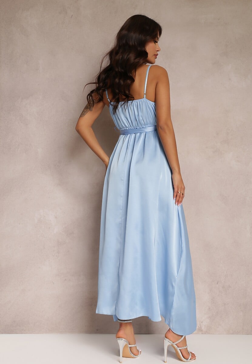 Jasnoniebieska Koktajlowa Sukienka z Gumką w Pasie na Regulowanych Ramiączkach Anajane