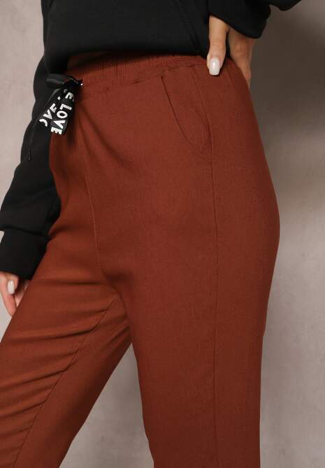 Brązowe Spodnie Bawełniane z Gumką w Pasie Bulara