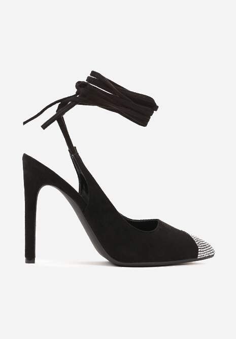 Czarne Sandały z Noskiem Ozdobionym Cyrkoniami i Wiązaniem wokół Łydki na Szpilce Hlienoma