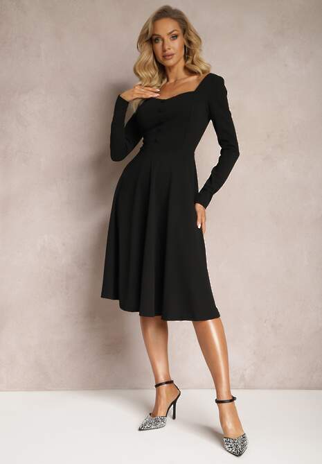 Czarna Rozkloszowana Sukienka Midi z Guzikami i Głębokim Dekoltem Salaria