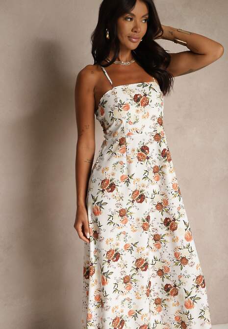 Beżowa Rozkloszowana Sukienka z Wiskozą w Kwiatowy Wzór Nalivie