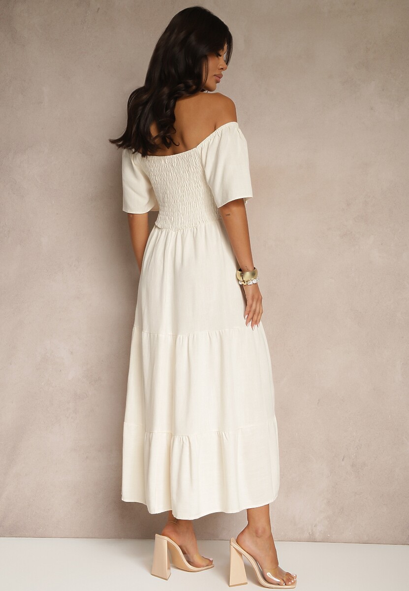 Jasnobeżowa Wiskozowa Sukienka z Lnem o Rozkloszowanym Kroju Koloreia