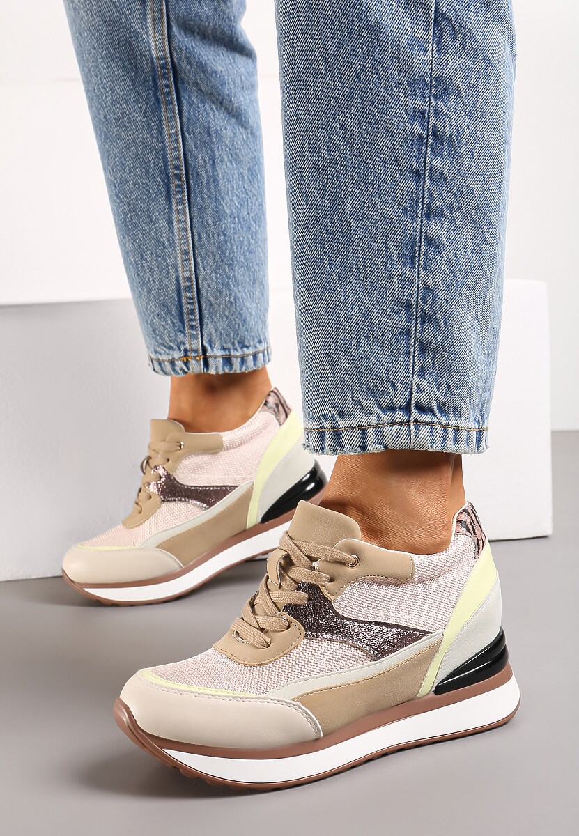 Beżowe Sneakersy na Ukrytym Niewysokim Koturnie z Brokatem Fioralan