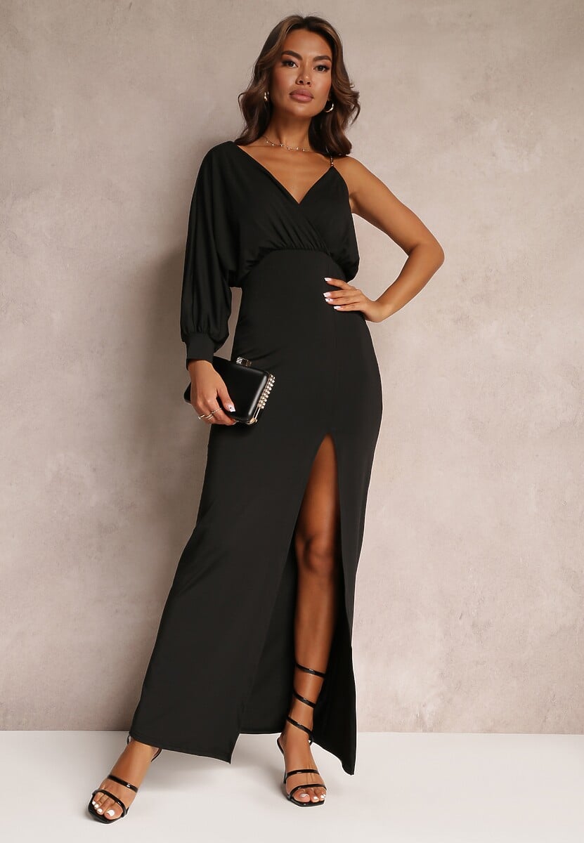 Czarna Asymetryczna Sukienka z Gumką w Pasie i Łańcuszkiem Przy Ramieniu Jisse