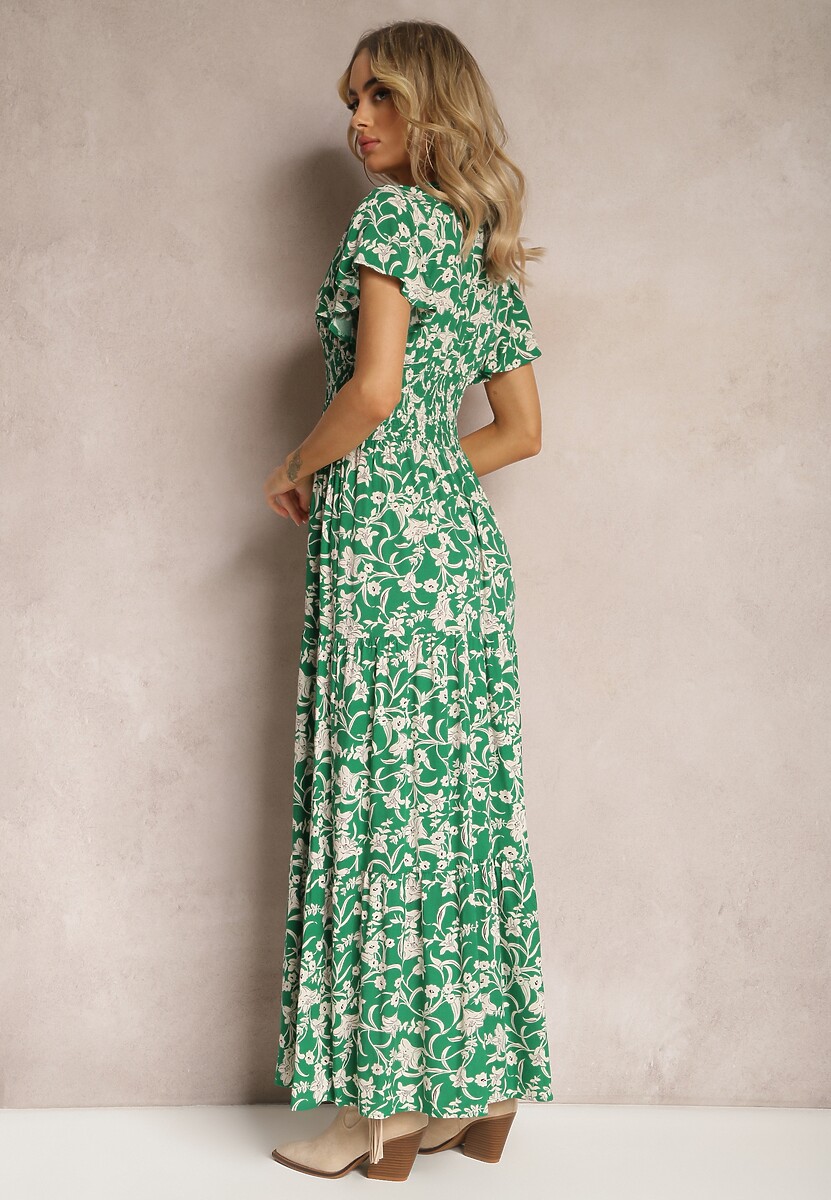 Zielona Sukienka z Gumką w Pasie w Kwiatowy Wzór z Ozdobnymi Guzikami Ellsa