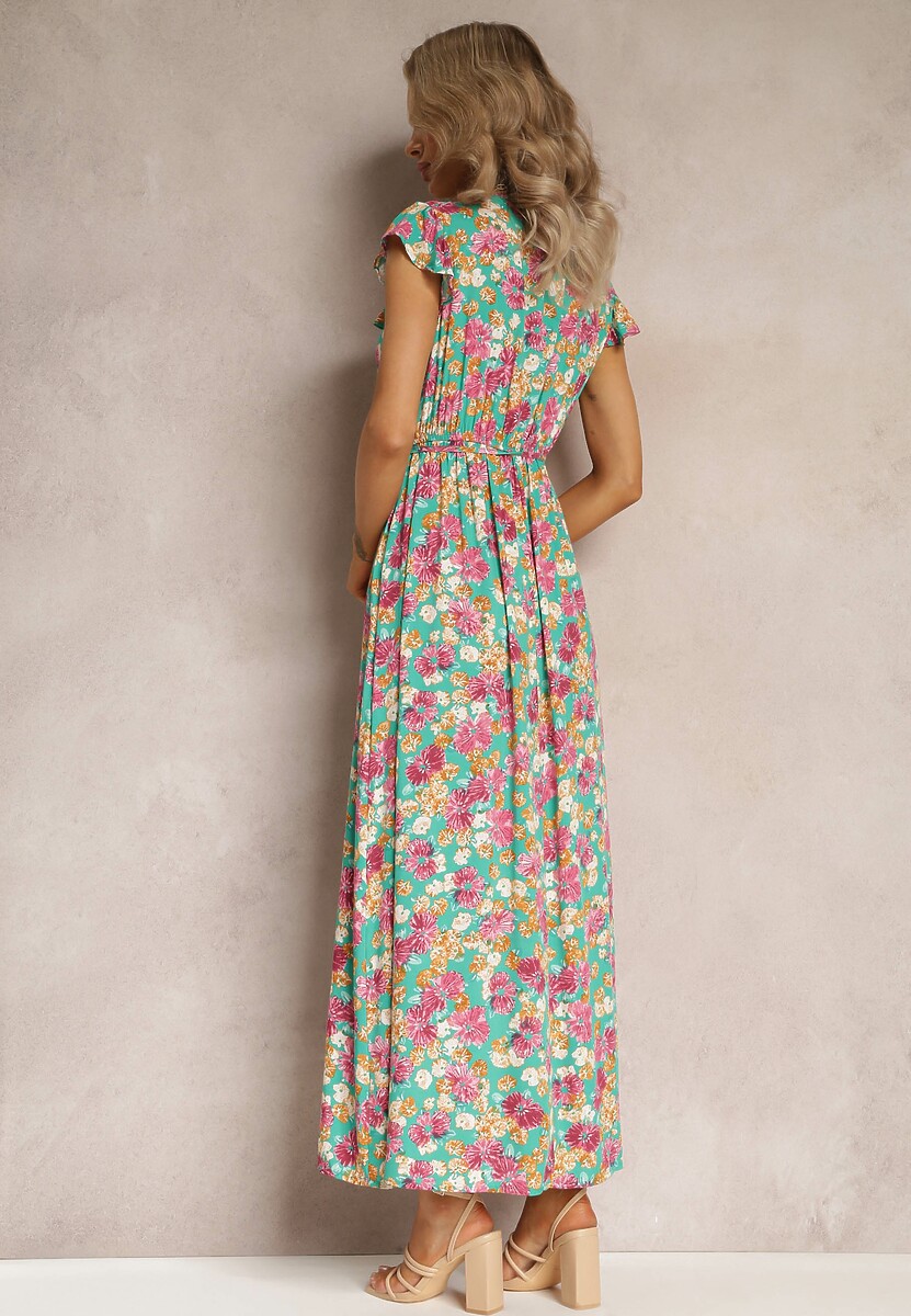 Zielona Rozkloszowana Sukienka z Wiskozy w Kwiaty z Gumką w Talii Omella