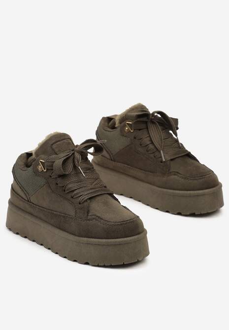 Ciemnozielone Sneakersy na Niskiej Platformie Mocno Ocieplane Tifilie