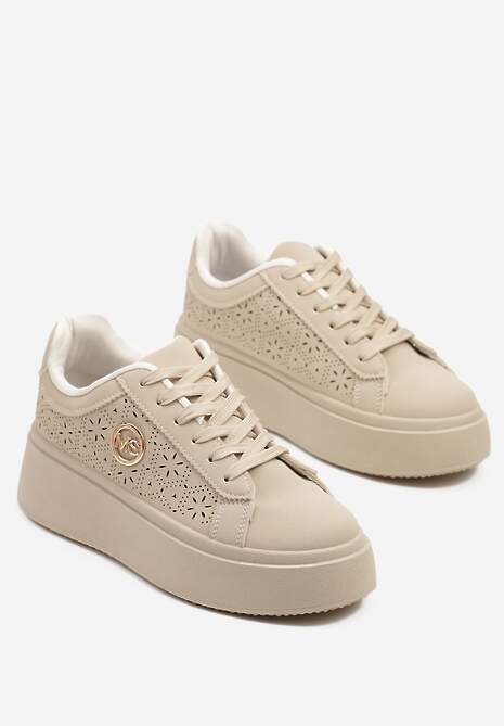 Beżowe Sneakersy na Platformie z Ażurowym Zdobieniem i Aplikacją Dalirnna