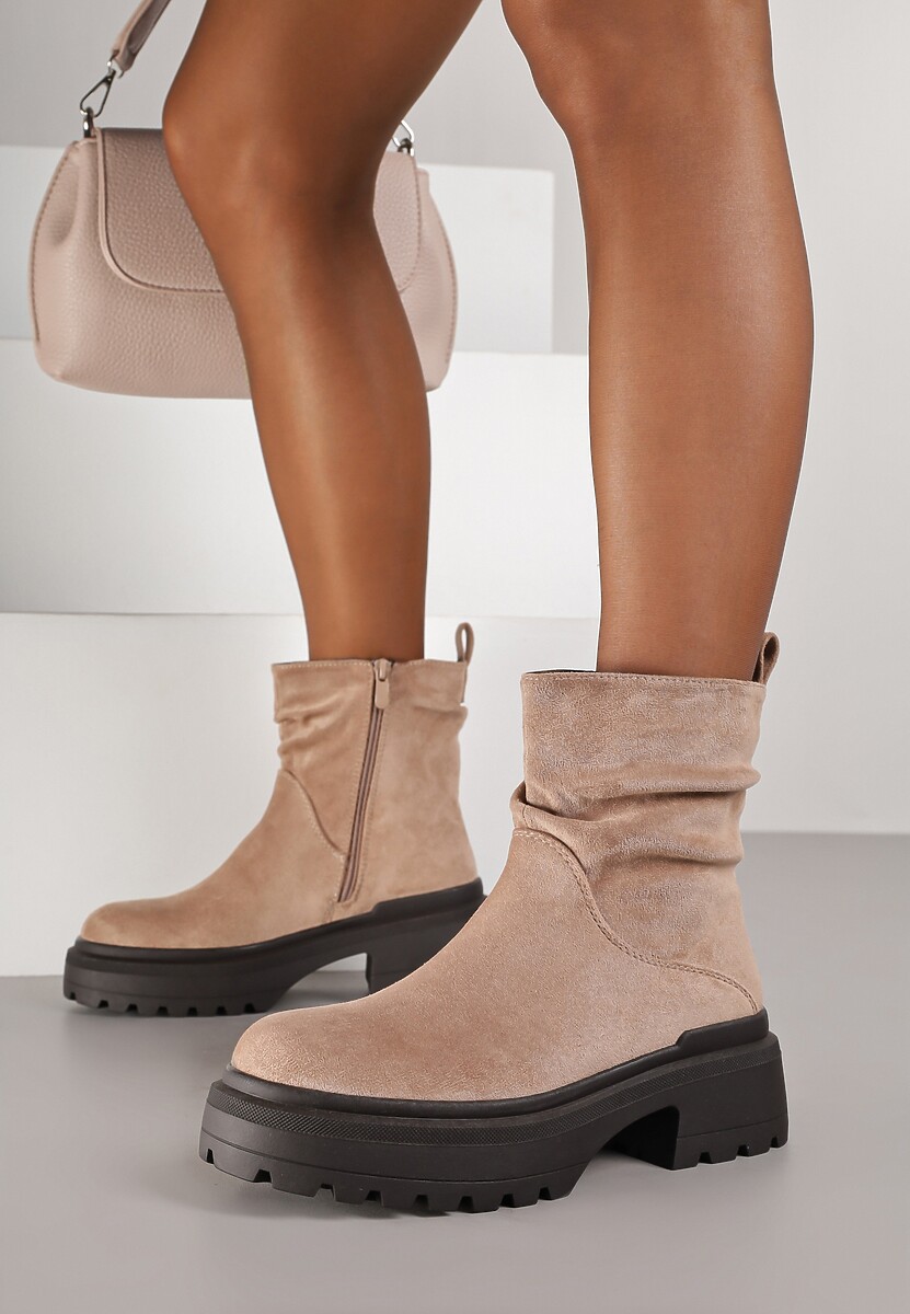 Ciemnobeżowe Krótkie Botki z Marszczoną Cholewką i Platformą Caverine