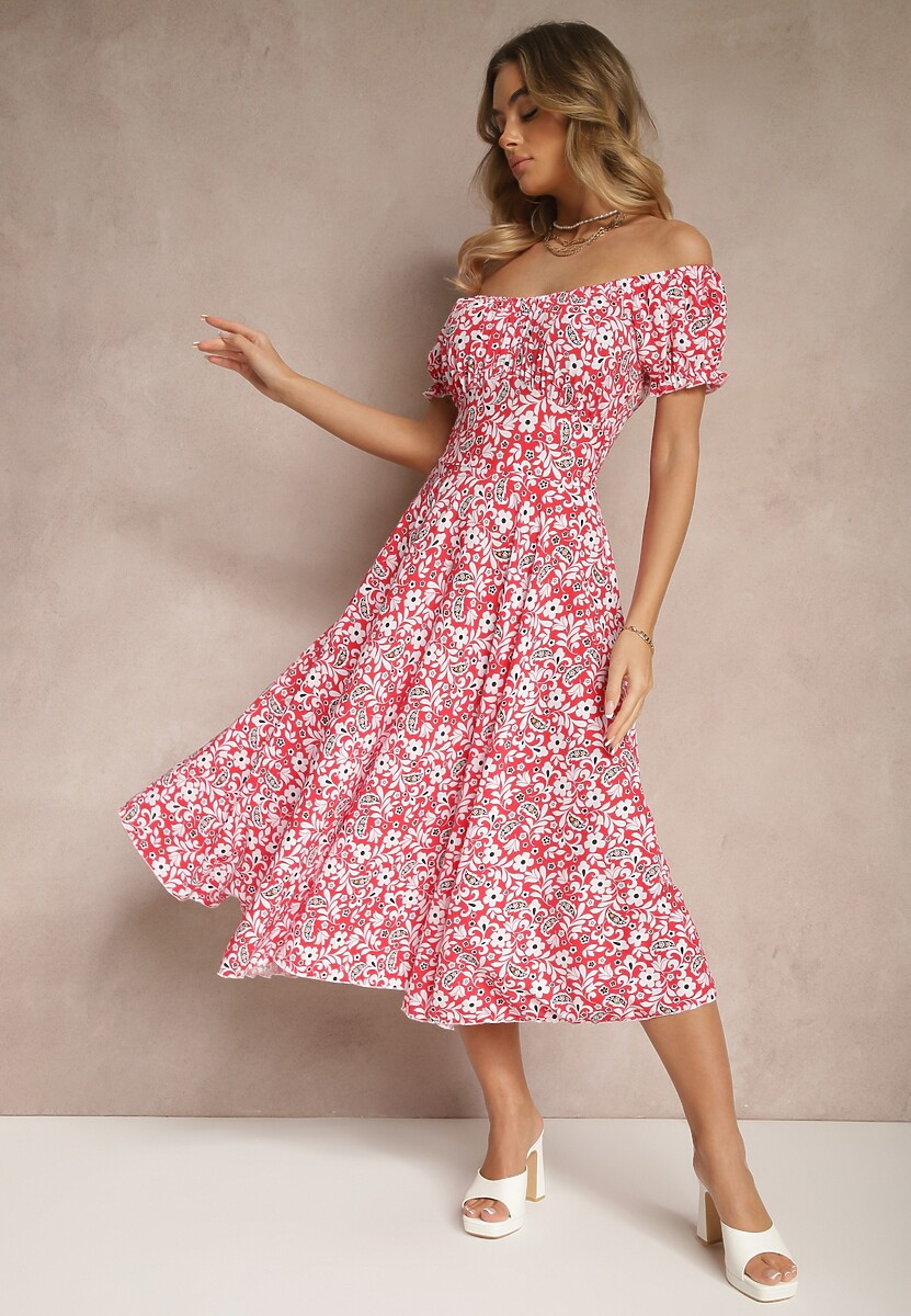 Czerwona Rozkloszowana Sukienka w Kwiatowy Print z Bawełną i Dekoltem Łódką z Bufkami Saniren