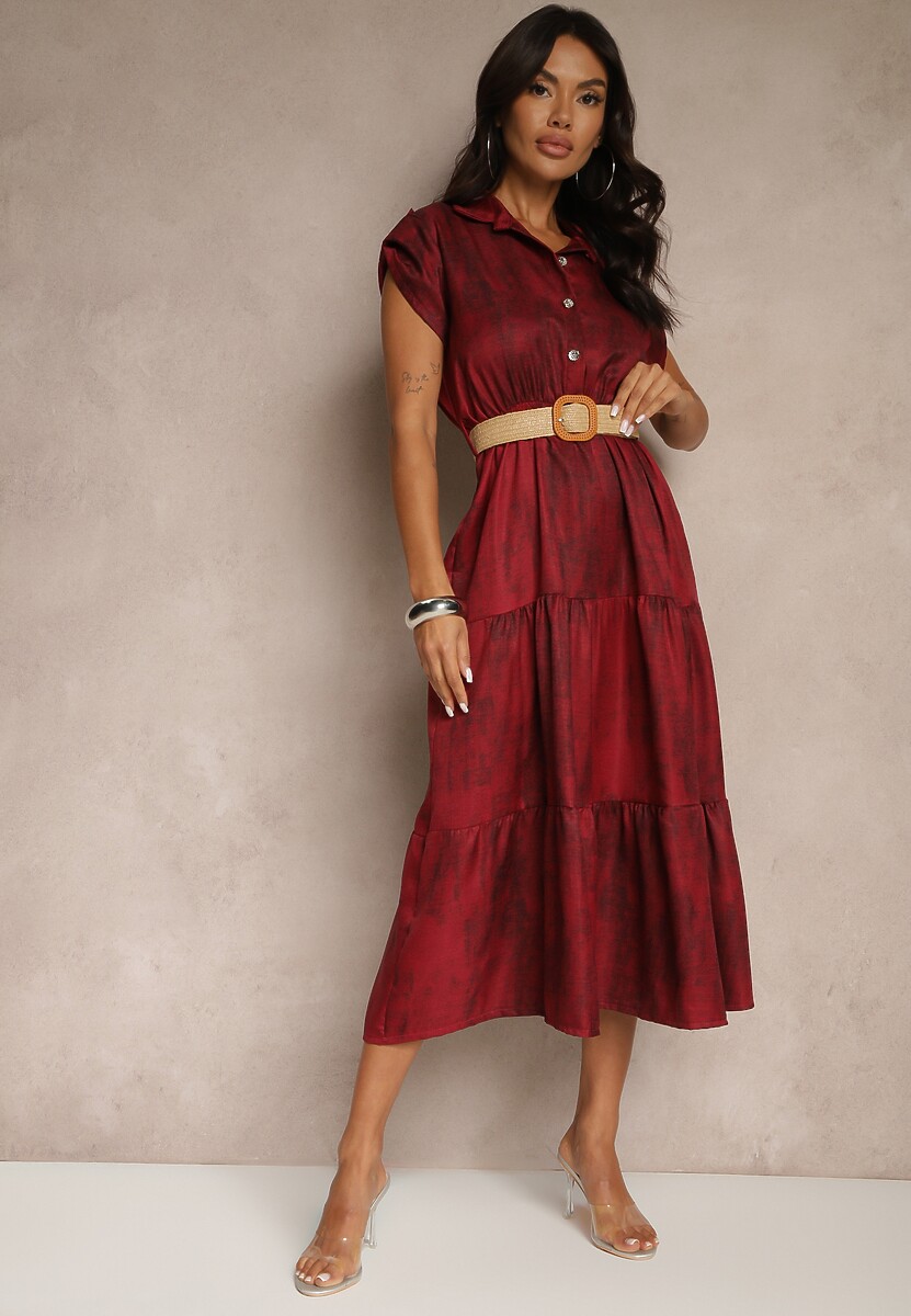 Bordowa Sukienka z Guzikami i Paskiem z Plecionki Fillona