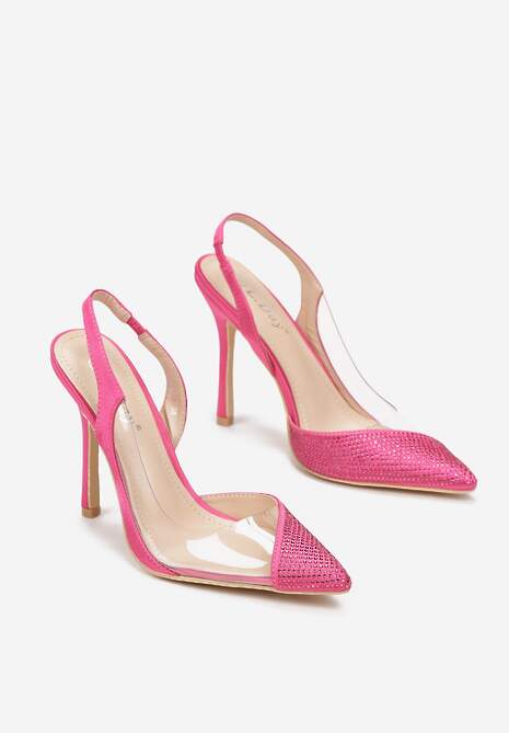 Fuksjowe Sandały na Szpilce z Transparentną Wstawką i Cyrkoniami Middi