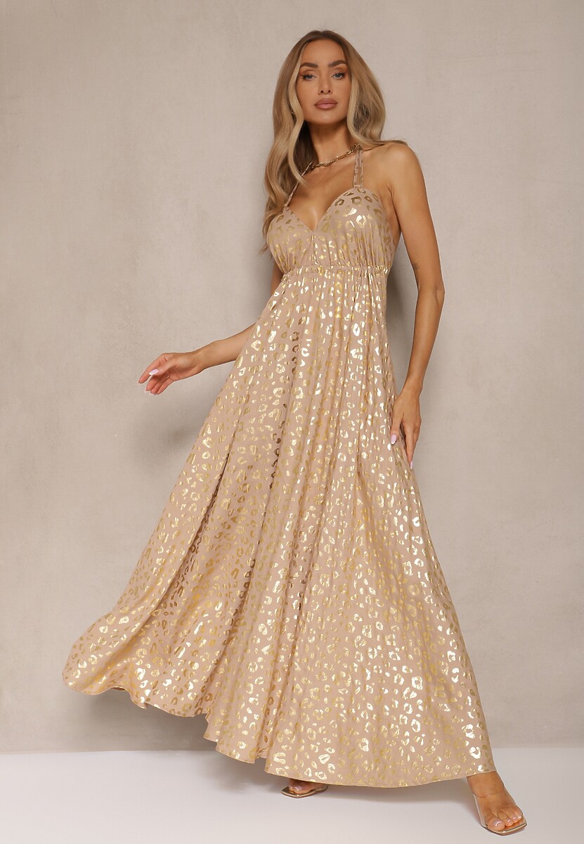 Biała Wiskozowa Sukienka Halter Zdobiona Metalicznym Nadrukiem w Panterkę Linaruna