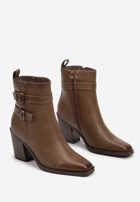 Ciemnobeżowe Botki na Ściętym Obcasie z Klamrami Revirae