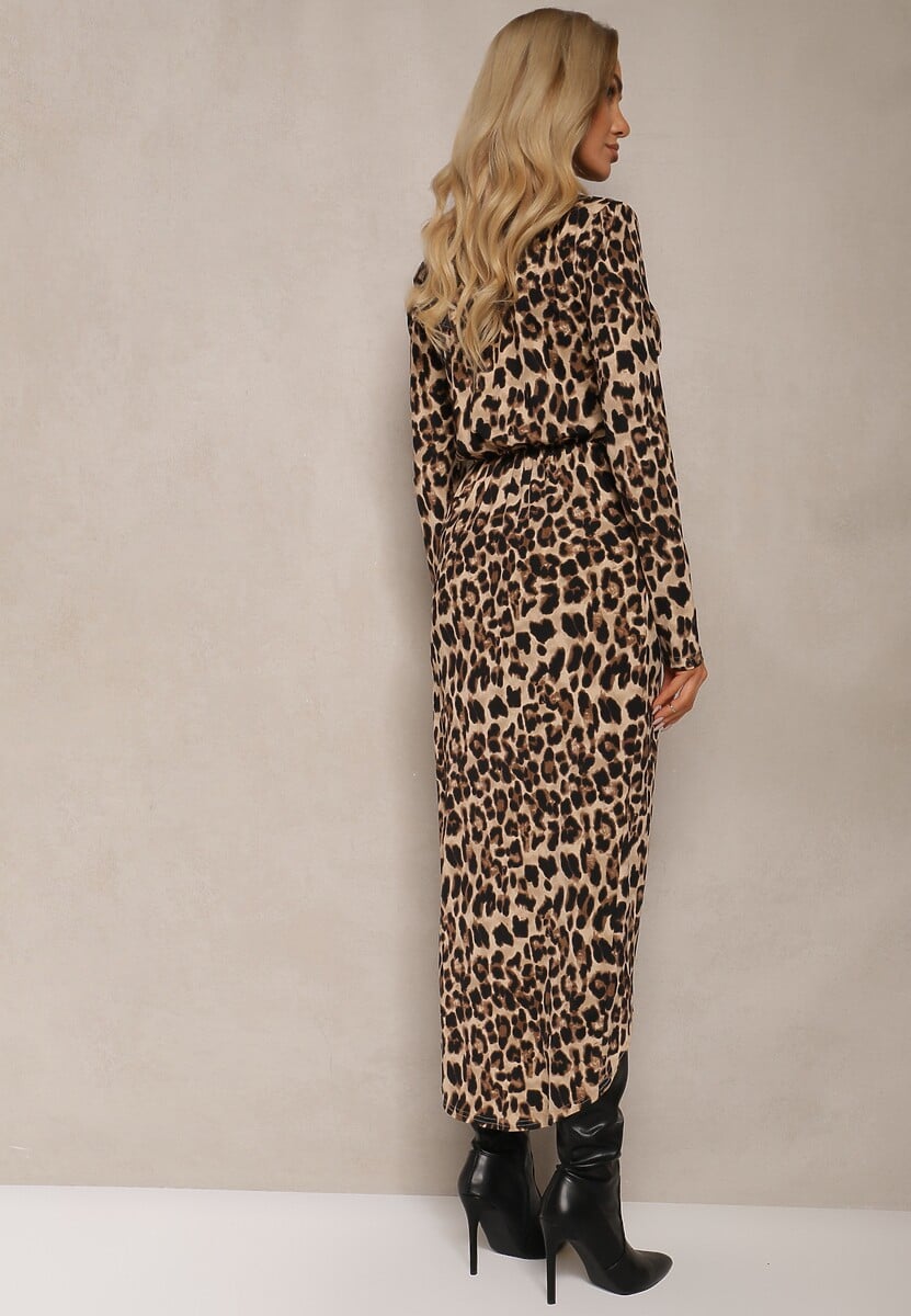 Ciemnobeżowa Panterkowa Dopasowana Sukienka Kopertowa z Gumką w Pasie Nikizia