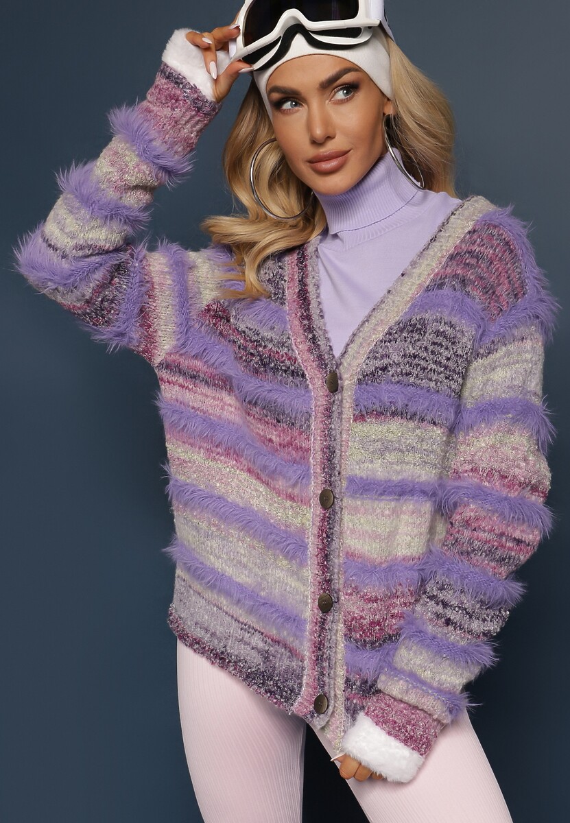 Pomarańczowo-Granatowy Rozpinany Kardigan z Wiskozą i Wełną w Paski Esamara