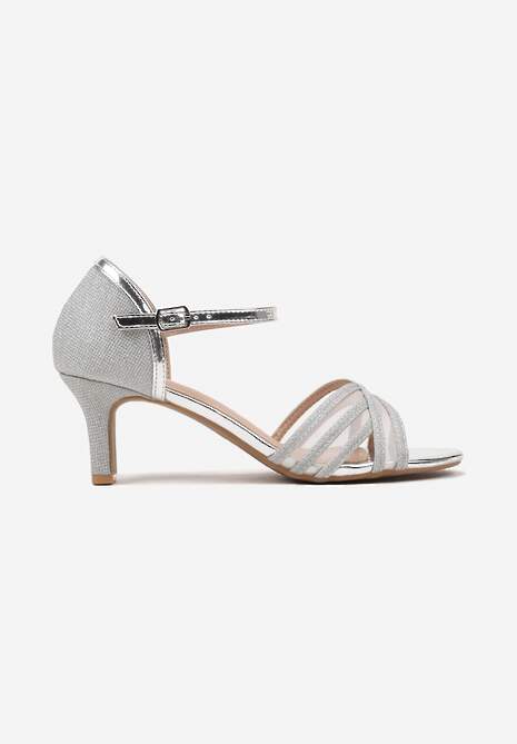 Srebrne Brokatowe Sandały na Obcasie Linevia