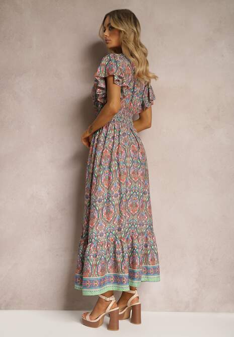 Pomarańczowo-Niebieska Rozkloszowana Sukienka w Etniczny Wzór z Krótkim Rękawem i Gumką w Pasie Zorisa