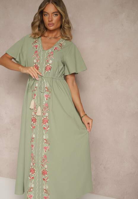 Zielona Rozkloszowana Sukienka z Bawełny w Stylu Boho z Ozdobnym Haftem Sersena