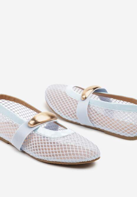 Niebieskie Siateczkowe Balerinki z Metaliczną Ozdobą i Paskiem Irelisa
