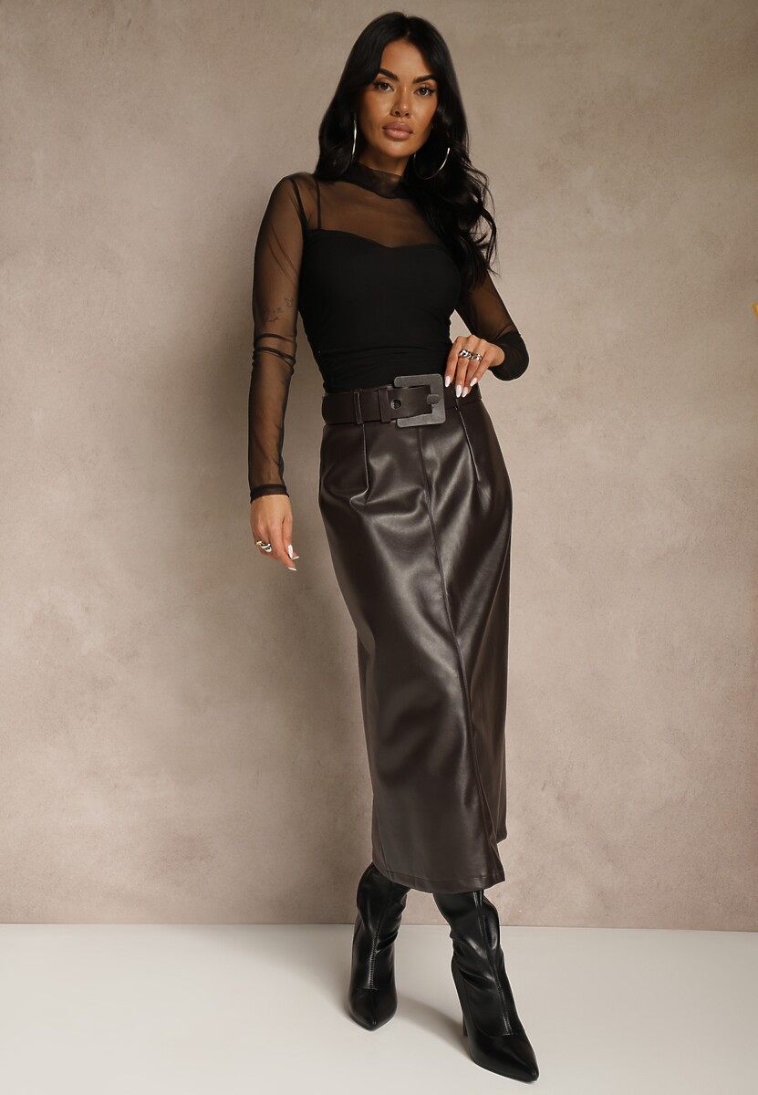 Brązowa Ołówkowa Spódnica z Imitacji Skóry z Paskiem z Wyrazistą Klamrą Rewedana