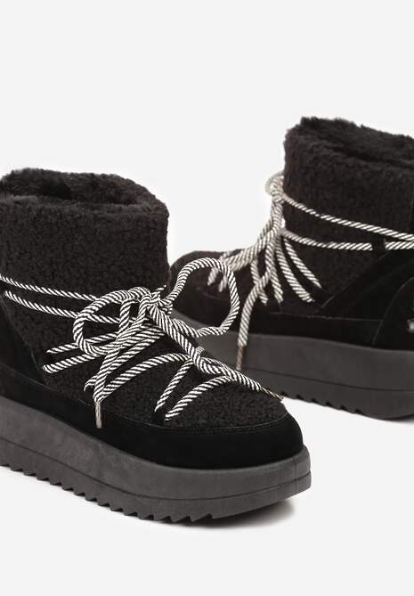 Czarne Niezapinane Śniegowce na Niskiej Platformie z Futerkiem i Sznurowaniem Avalisande
