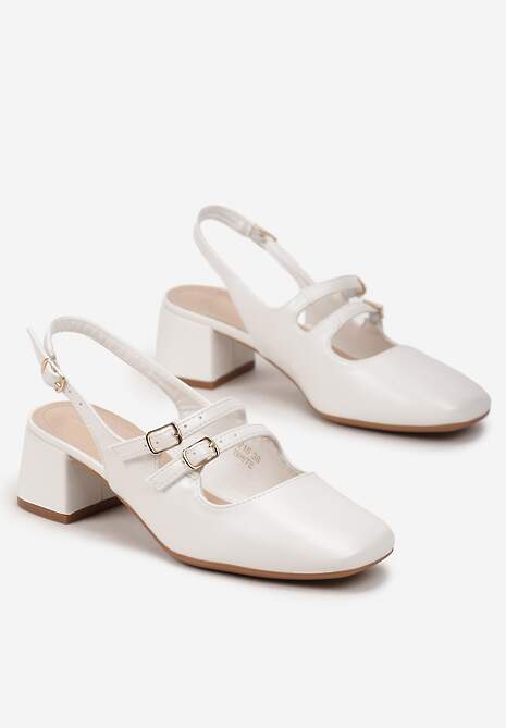 Białe Czółenka z Imitacji Skóry ze Sprzączkami na Niskim Słupku Anelive