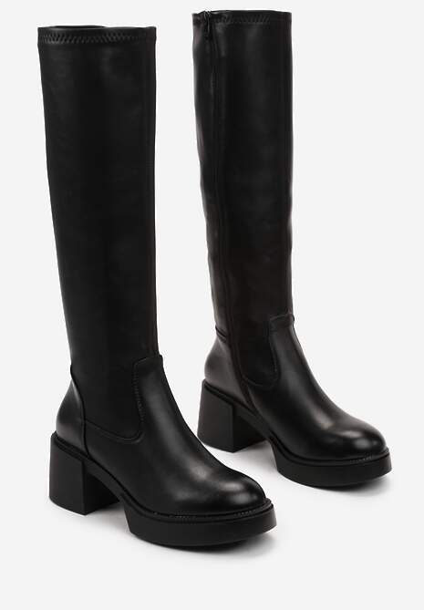 Czarne Kozaki Przed Kolano z Ekoskóry na Słupku Zapinane na Zamek Stallata