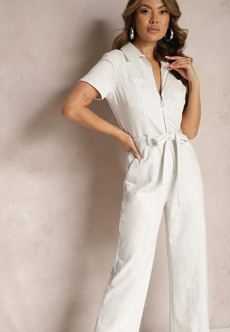 Jasnoszary Kombinezon z Elastycznej Bawełny z Suwakiem i Wiązanym Paskiem Ecatra