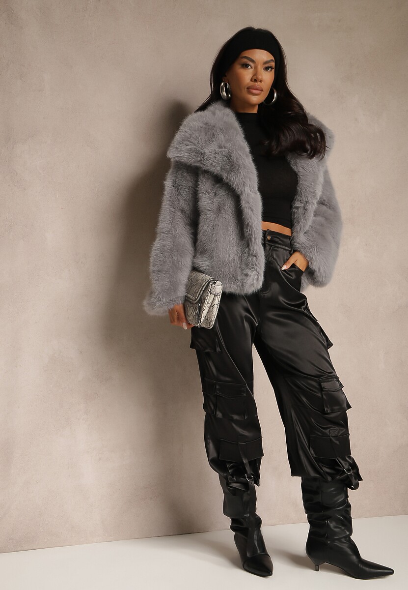 Szara Kurtka Futerko o Jednorzędowym Kroju z Szerokim Kołnierzem Dezile