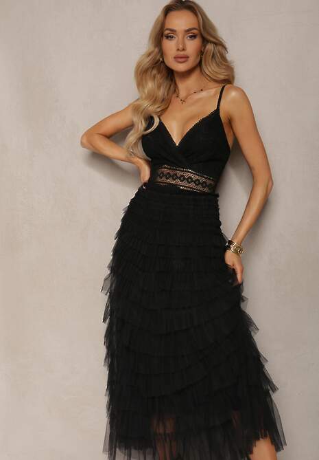 Czarna Sukienka z Koronką na Regulowanych Ramiączkach z Falbankami Joellama