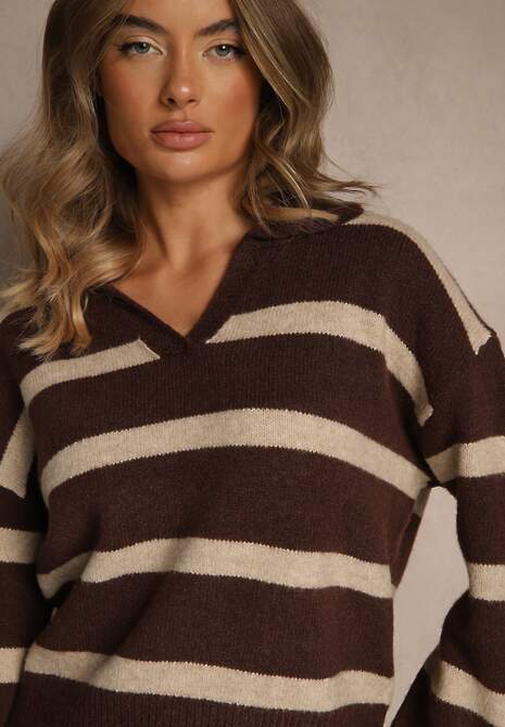 Brązowy Sweter z Wełną Zdobiony Kołnierzykiem i Wzorem w Paski Tevila