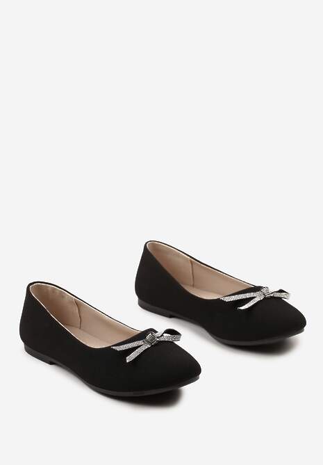 Czarne Wsuwane Balerinki na Płaskiej Podeszwie Ozdobione Kokardką i Cyrkoniami Pimenna
