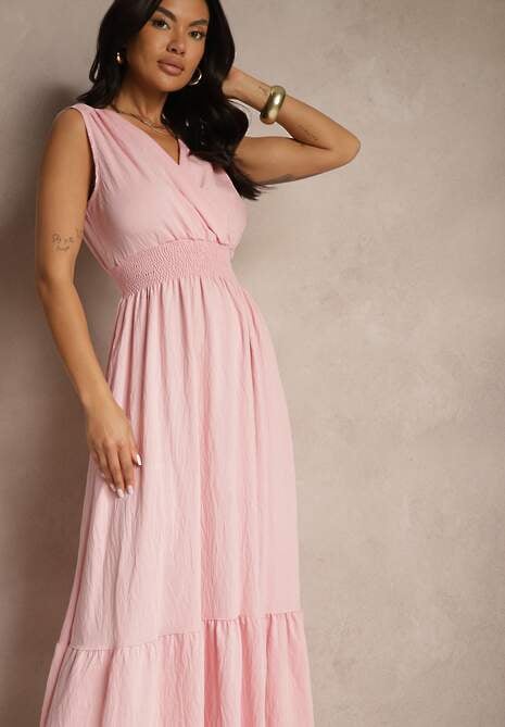 Różowa Rozkloszowana Sukienka o Kopertowym Fasonie z Gumką w Talii Filadira