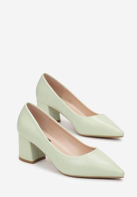 Zielone Jednolite Czółenka z Imitacji Skóry na Niskim Słupku Drema