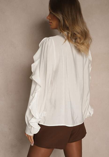 Biała Koszula Zdobiona Falbanami i Wiązaniem przy Szyi Ravissa