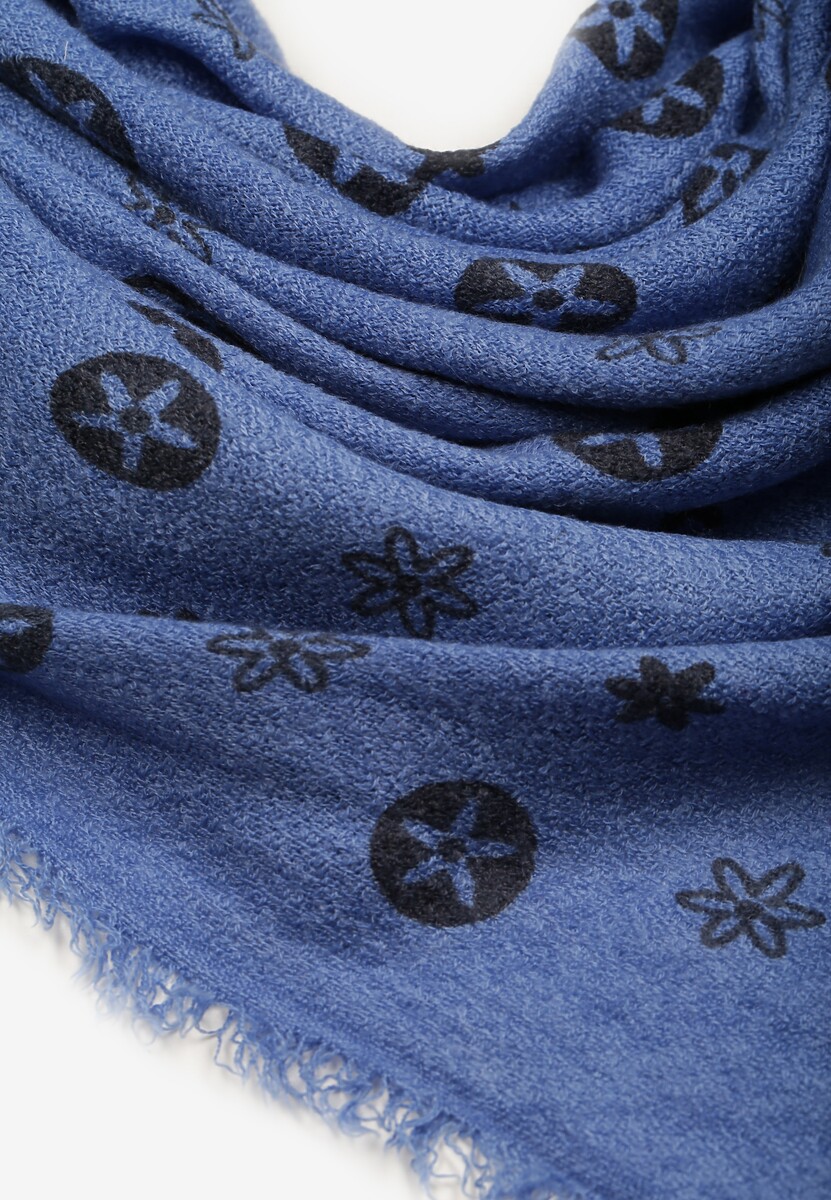 Niebieski Szalik Ozdobiony Geometrycznym Motywem z Frędzlami Nomirya